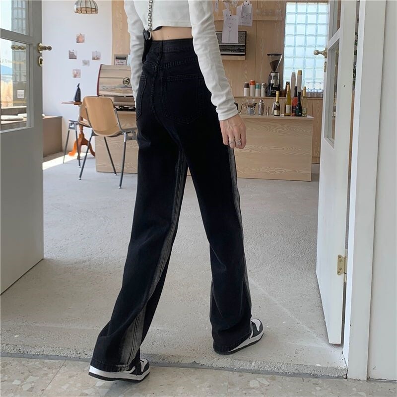 Han Edition Ins Gió Xuân Gradients Của Eo Cao Quần Jean Nữ Thẳng Lỏng Hiển Thị Mỏng Lau Rộng-Chân Quần Triều