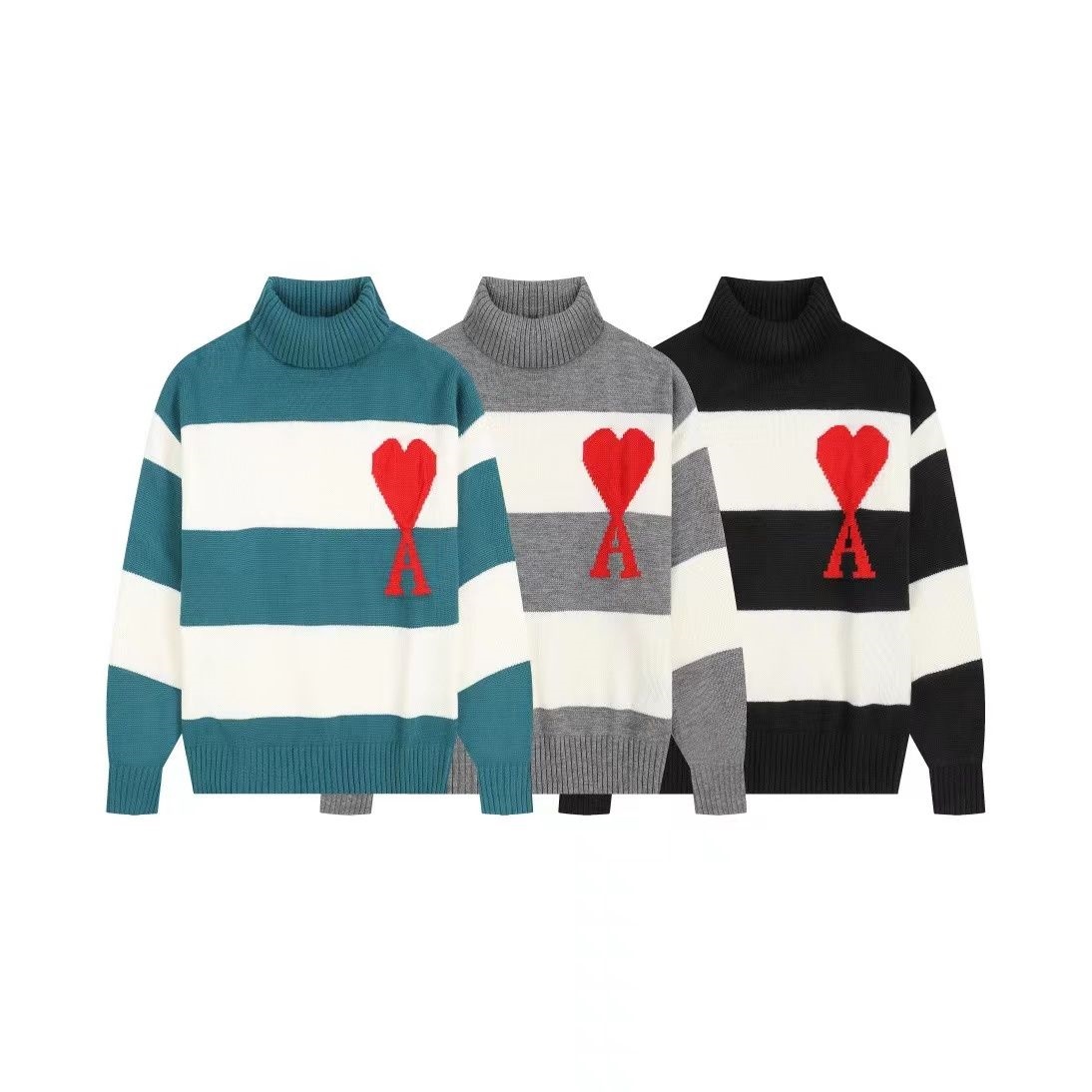 High-end version of Ami high collar big heart embroidered striped peach heart A sweater casual loose fit for men and women couple