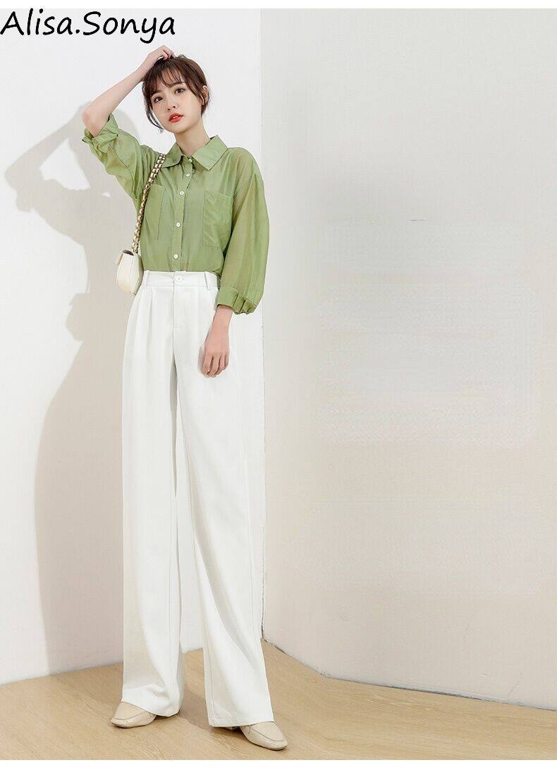 Alisa.Sonya Quần Dài Mùa Hè Cho Nữ Quần Ống Đứng Dáng Rộng Đơn Giản Màu Trơn Quần Ống Rộng Cạp Cao Quần Âu