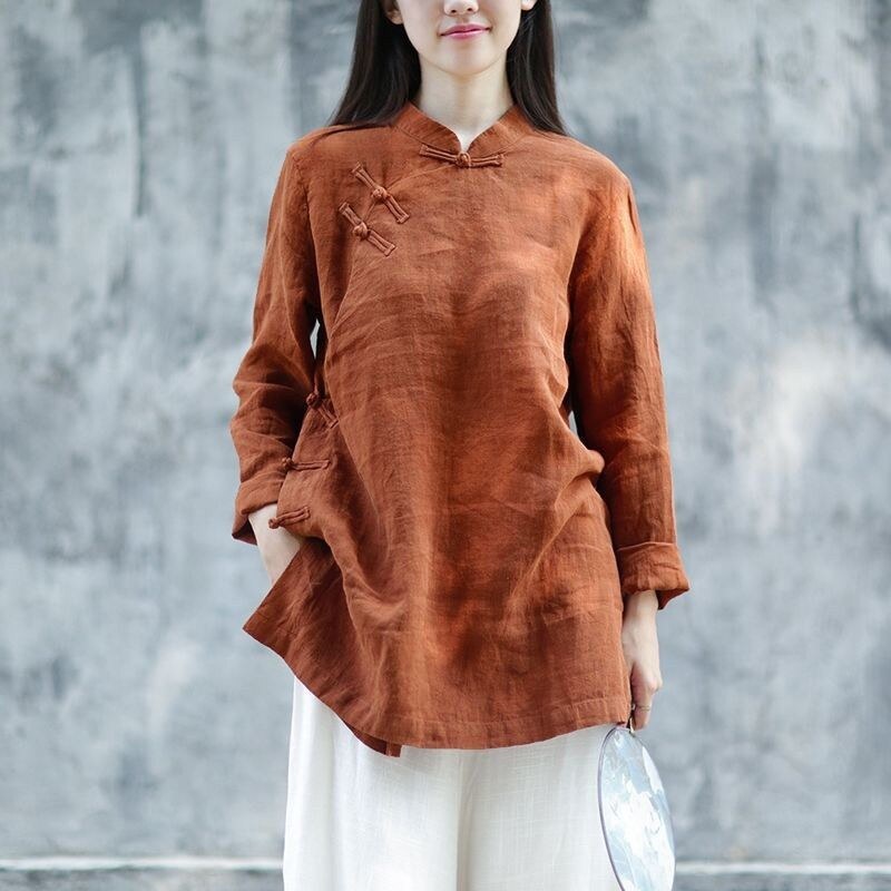 Kol mặc hàng ngày Áo sơ mi lanh và bông nguyên bản Văn Học Đạo Đức gió nữ sườn xám dài trong Nút Áo khoác vải lanh dài tay phục vụ trà Zen