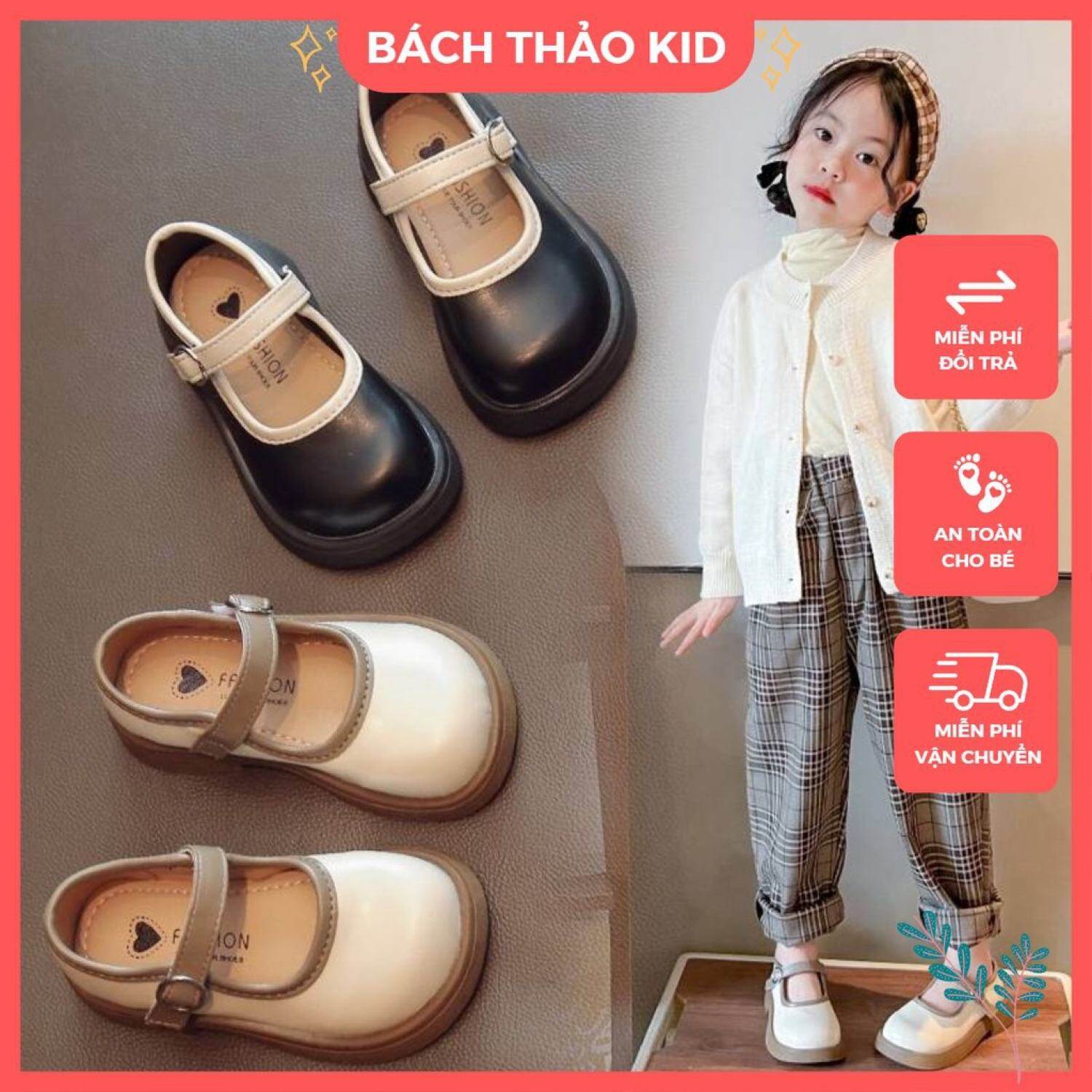 Giày búp bê bé gái, Giày bệt cho bé gái phong cách vintage chất da PU lì mềm mịn êm chân