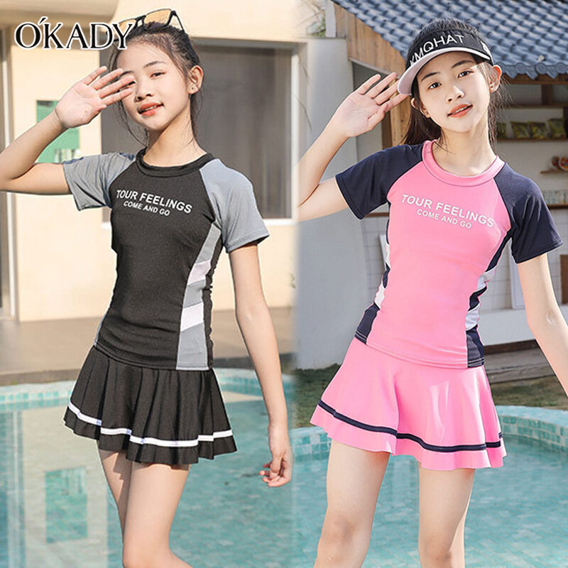 O'KADY Girls' swimsuit sports splicing split short-sleeved sunscreen swimsuits for children with chest pads for children and quick-drying student swimsuits.