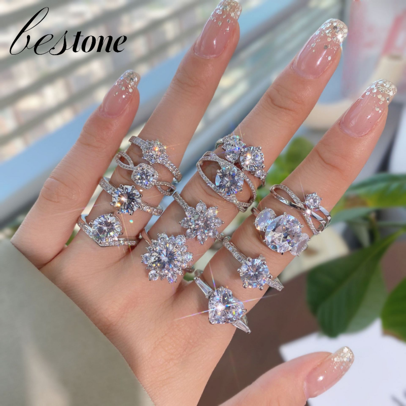 Bestone nhẫn bạc sterling s925 nhẫn cưới cao cấp zircon cho nữ nhẫn đính hôn