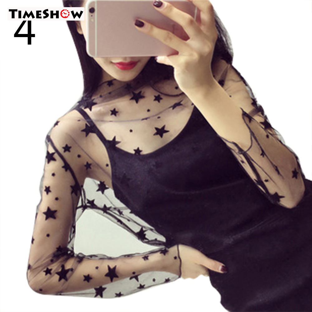 TimeShow Fashion Spring Autumn Women Sexy Mesh Blouses Long Sleeve High Neck Tops Perspective Ladies Girls Casual T Shirts ราคา  31 บาท*ส่งฟรี