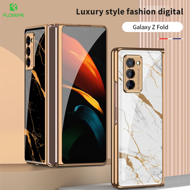 Floveme for Samsung Galaxy Z Fold 4 5G Z Fold 3 5G Case Z Fold 2 Case Full Cover Shockproof Glass Case Fashion Fold Phone Glass Cover