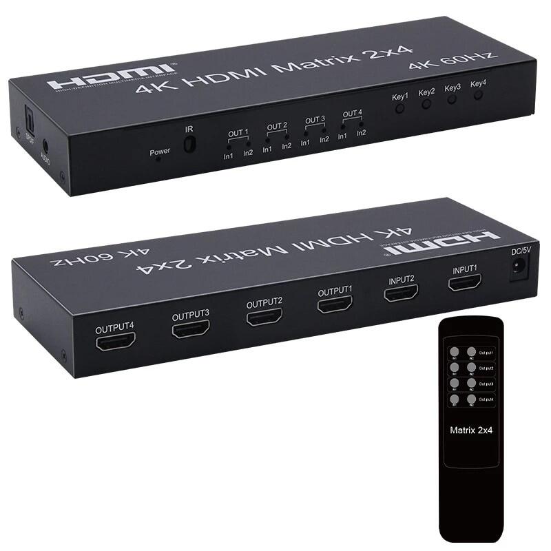 Bộ chuyển đổi ma trận hdmi 2x4 ma trận hdmi 4k 60hz bộ chuyển đổi bộ chia hdmi 2 vào 4 ra với bộ trích xuất âm thanh aux spdif cho pc ps3/4 hdtv