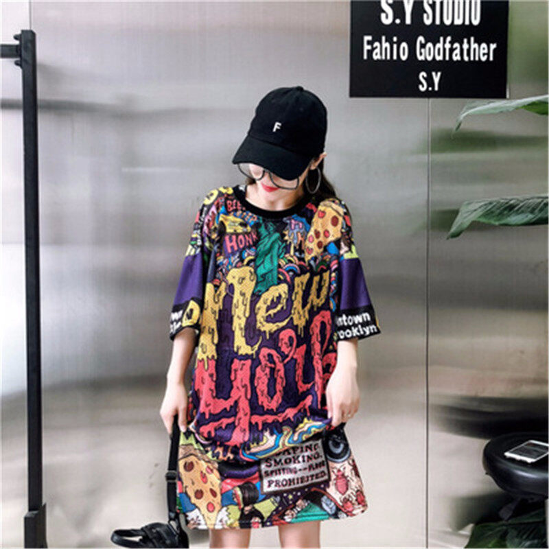 Áo Thun Ngắn Tay In Chữ Phong Cách Harajuku Dáng Rộng Phiên Bản Hàn Quốc Mùa Hè Nữ Dài Vừa Cộng Với Kích Thước