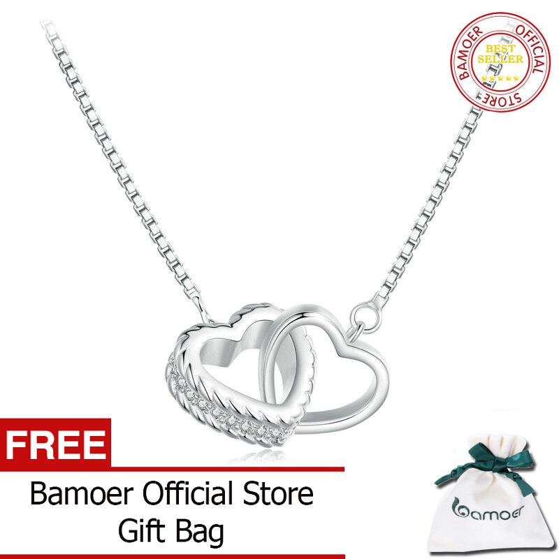 Bamoer 925 sterling silver vòng lặp đôi hình trái tim vòng cổ cho thời trang nữ đồ trang sức bsn339