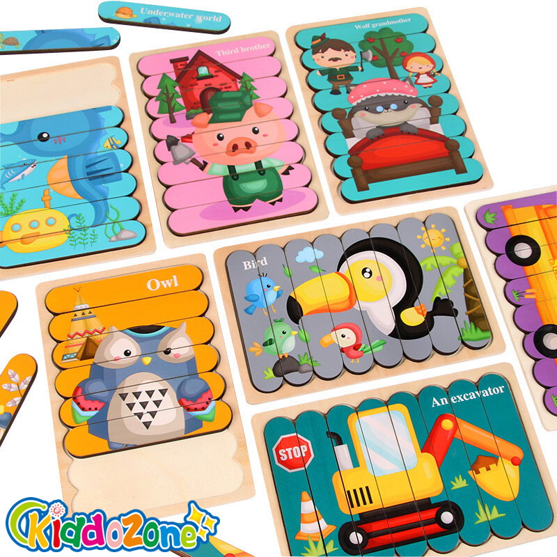 Dải hai mặt kiddozone, câu đố 3d, đồ chơi trẻ em đồ chơi giáo dục vật liệu montessori bằng gỗ cho trẻ em gạch lớn trẻ em học tập đồ chơi