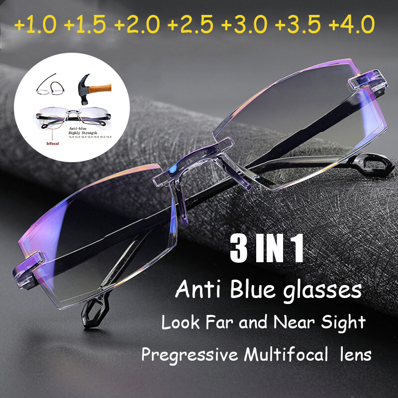 Kính Đọc Sách Không Vành Cho Nam Nữ, Bifocal Kính Phóng Đại Ánh Sáng Cận Xa Chống Ánh Sáng Xanh Kính Viễn Thị, Diopter
