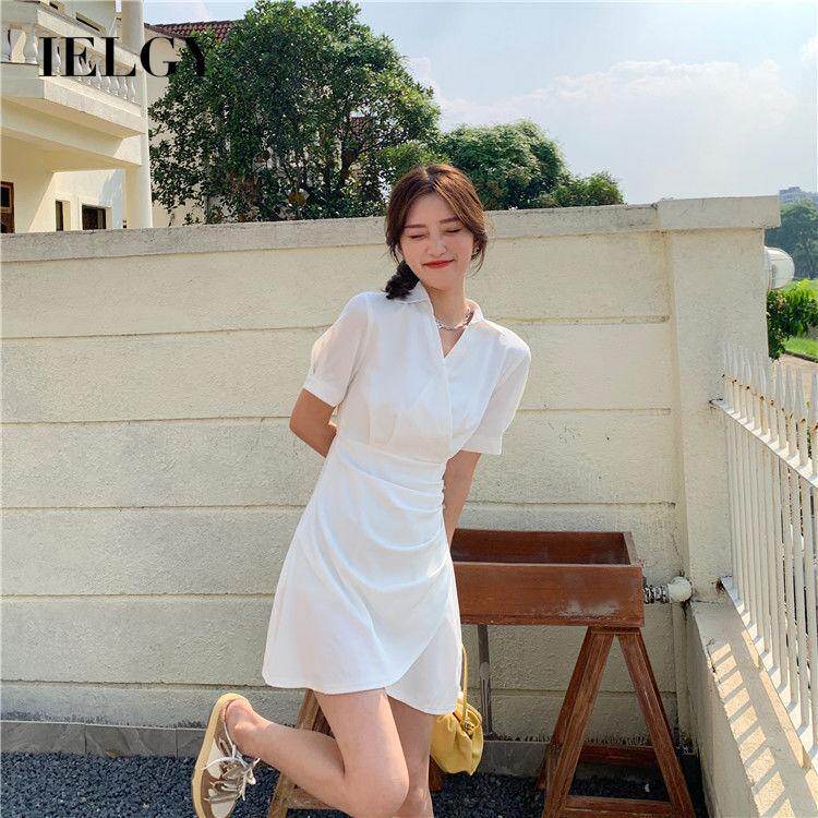 Ielgy đầm trắng eo cao mỏng phong cách pháp cho nữ