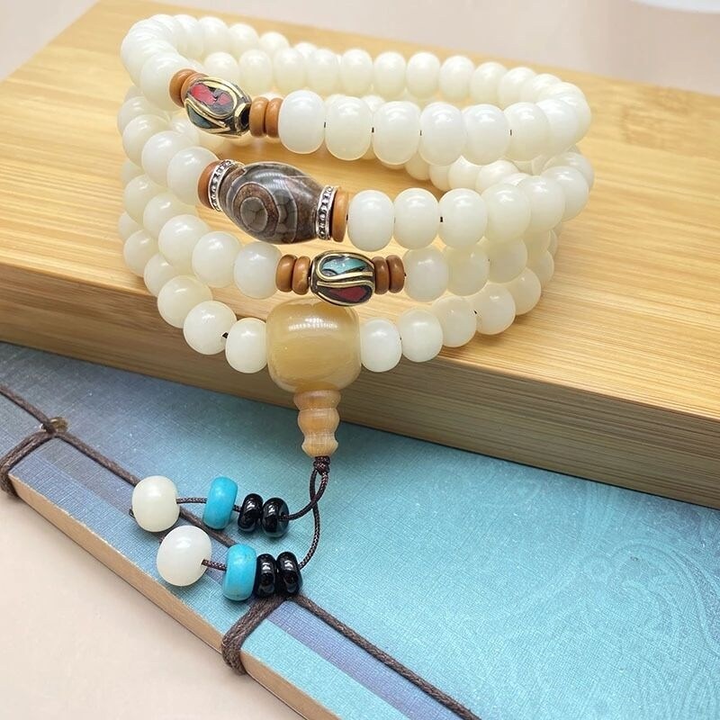 Ngọc Trắng rễ bồ đề Vòng tay trắng hạt bồ đề 108 hạt Phật tự nhiên hạt Mân Côi Vòng tay nam và nữ dây chuyền cầm tay tụng kinh Phật