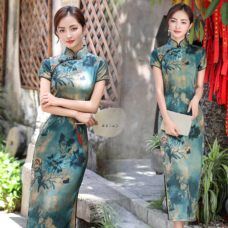 Sườn xám mới đầm nữ thanh lịch thời trang thường ngày vải sa tanh phong cảnh tay ngắn dài đầm sườn xám