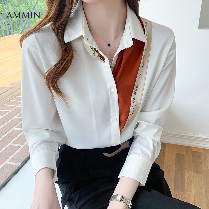 AMMIN Tops OL white commuter single-row button cardigan chiffon shirt women's autumn 2021 new Korean style elegant temperament solid color personalized printing silk scarf stitching lapel long sleeve chic all-match blouse