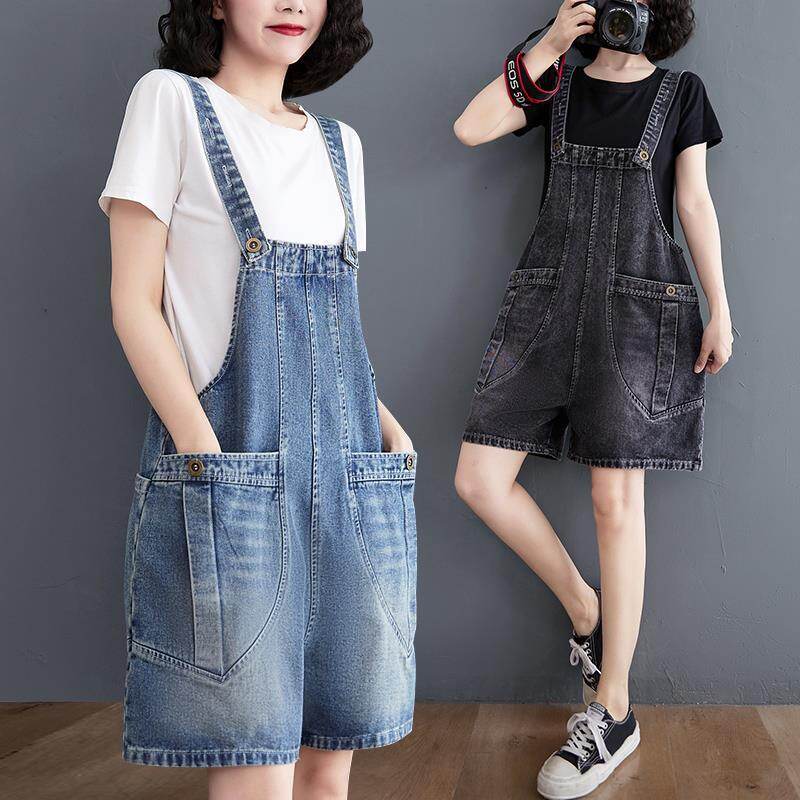Quần yếm denim phiên bản hàn quốc quần short quần yếm học sinh quần short áo liền quần có dây đeo quần năm điểm thường ngày dáng rộng