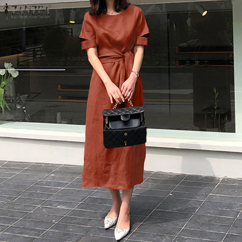 ZANZEA Đầm Xòe Nữ Xẻ Tà Ngắn Tay Hai Bên Phong Cách Hàn Quốc ĐầM Midi Màu Trơn Thường Ngày Có Thắt Lưng OL