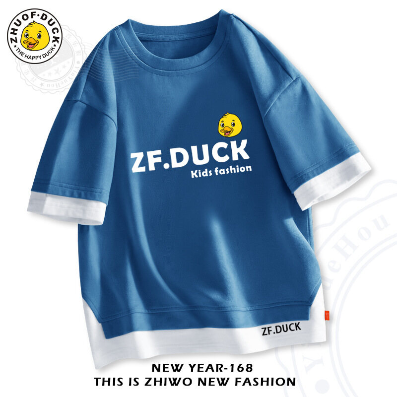 ZF.DUCK Cartoon T-shirt for Boys Girls Children's Summer Short-sleeved Drop-shoulder T-shirt Fake Two Pieces of Clothing Loose Half-sleeve 0000