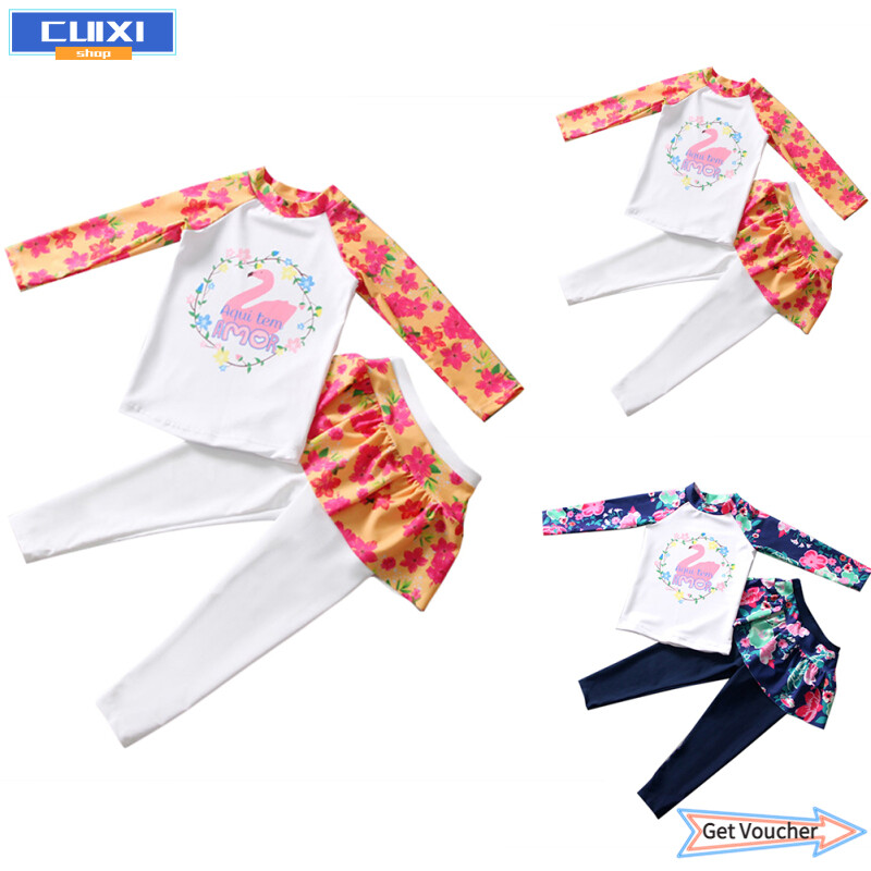 Cuixi quần áo thời trang 2 món đồ bơi Đồ bơi họa tiết kẻ dài tay chống nắng nhanh khô cho bé gái