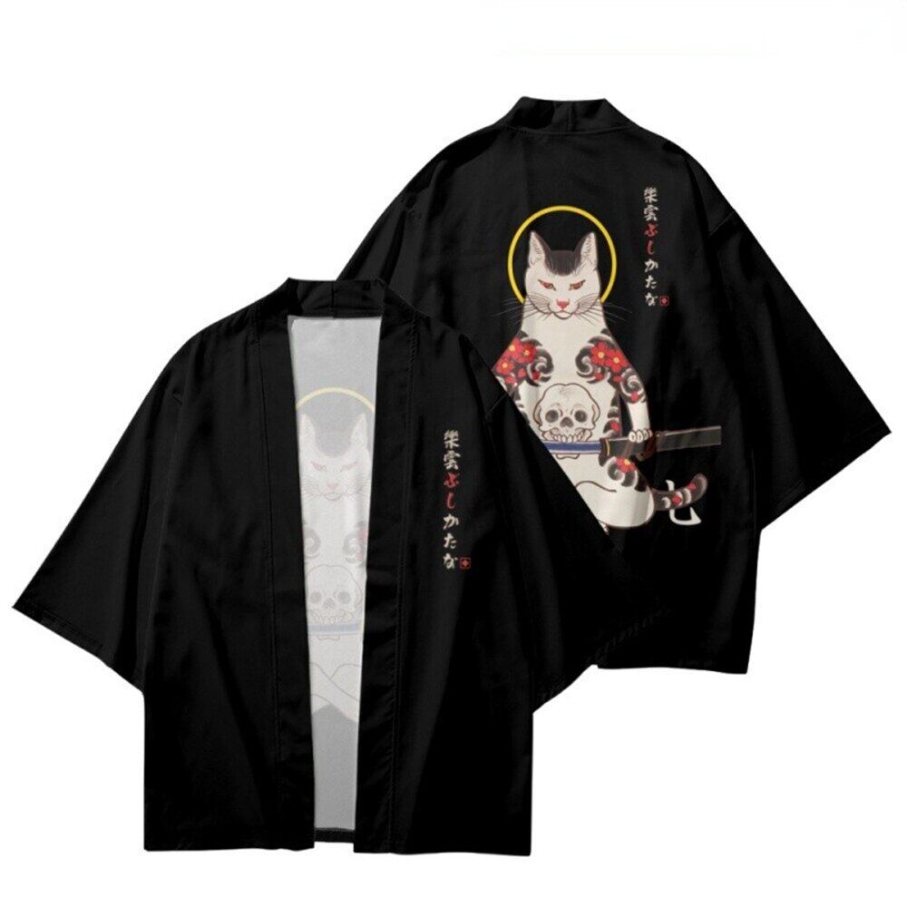 Japanese Kimono Yukata Samurai Kimono Cat Print Shirt Clothing Kimono