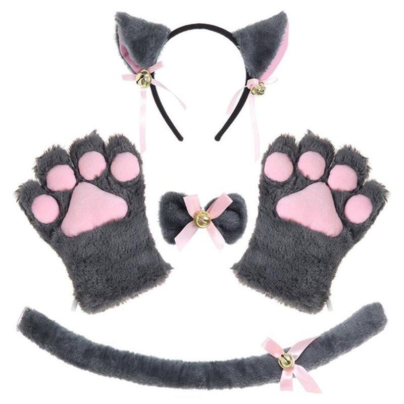 ผู้หญิง Lady Cat Kitty แม่บ้านคอสเพลย์เครื่องแต่งกายชุดตุ๊กตาหูที่คาดศีรษะมีกระดิ่งสายรัดคอรูปหูกระต่าย Choker หาง Paws ถุงมือ Anime Props
