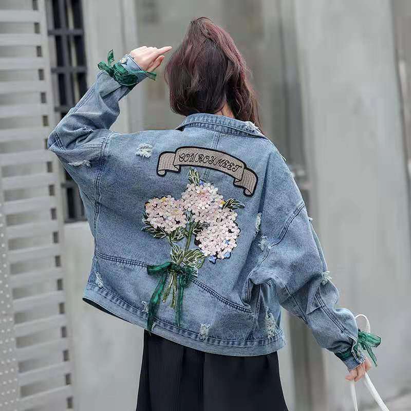 Hot Bán Phong Cách Hàn Quốc Phụ Nữ Áo Khoác Denim Thời Trang Rộng Thùng Thình Hoa Thêu Dài Tay Áo Áo Khoác Denim Ngắn Áo Khoác Denim Phụ Nữ Áo Khoác Denim (Nhà Máy Riêng, Quần Jean Cao Cấp, Có Thể Bán Buôn)
