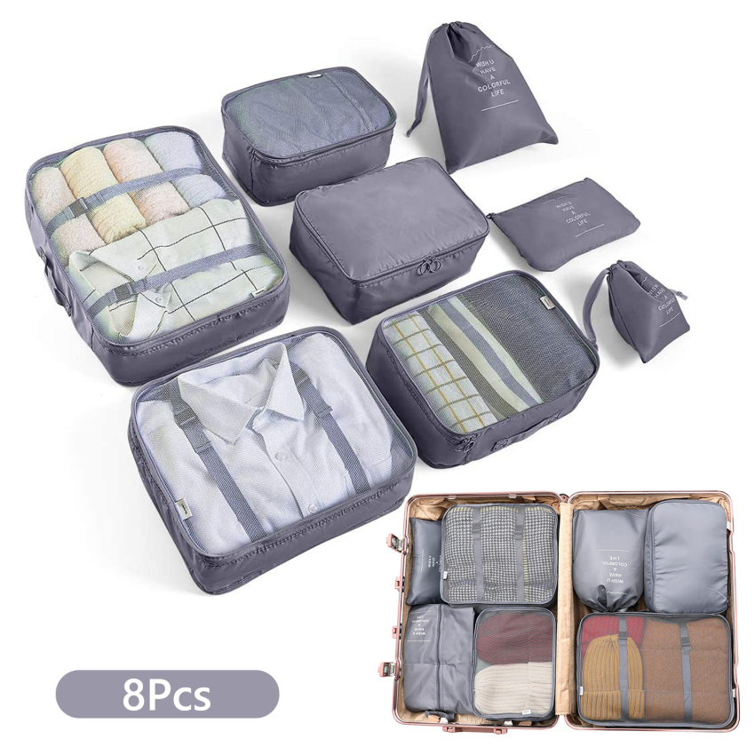 Bộ sắp xếp vali 8 món, khối đóng gói quần áo, khối đóng gói cho ba lô, túi đựng quần áo cho vali, bộ túi đóng gói với túi mỹ phẩm, túi đựng giày, túi cáp usb