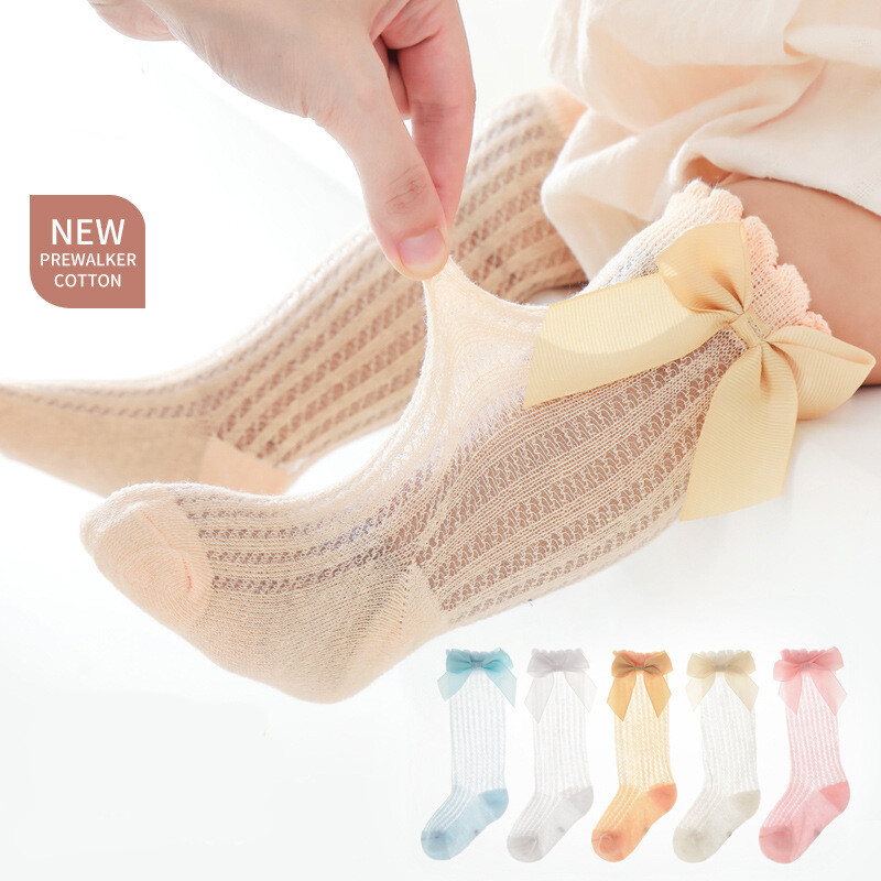 Cute Bowknot Infant Baby Socks Cotton Bows Girls Knee Socks Spring Summer Mesh Kids Infant Toddler Knee High Socks ราคา 44 บาท*ส่งฟรี