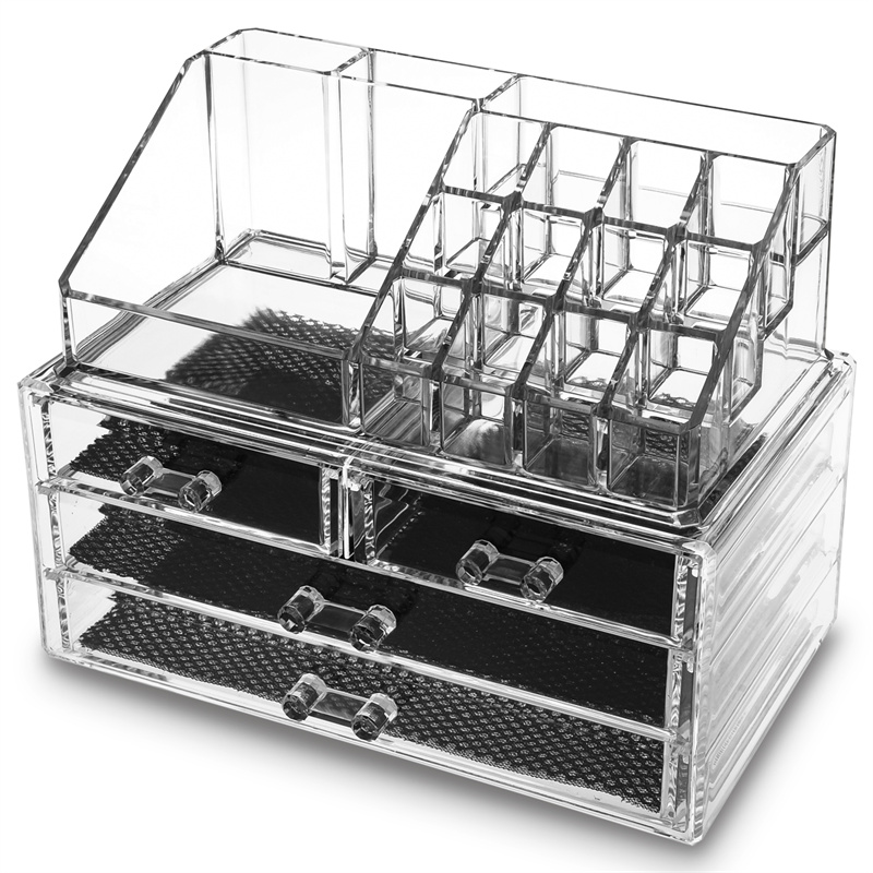 Mosiker hộp đựng đồ trang điểm bằng acrylic trong suốt có ngăn kéo, hộp trưng bày mỹ phẩm có thể tháo rời 4 ngăn kéo với lưới màu đen