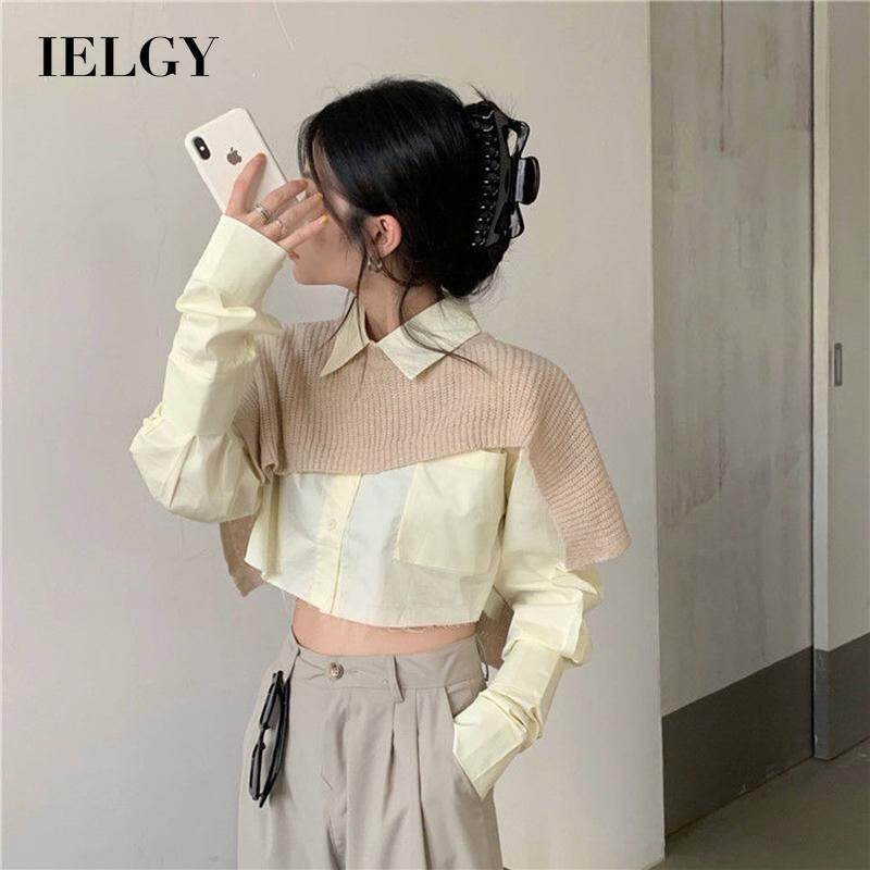 IELGY Áo Choàng Thiết Kế Vừa Vặn Phong Cách Hàn Quốc Hai Mảnh Áo Sơ Mi Dài Tay Rộng Rãi Ngắn Phóng Khoáng, Nữ