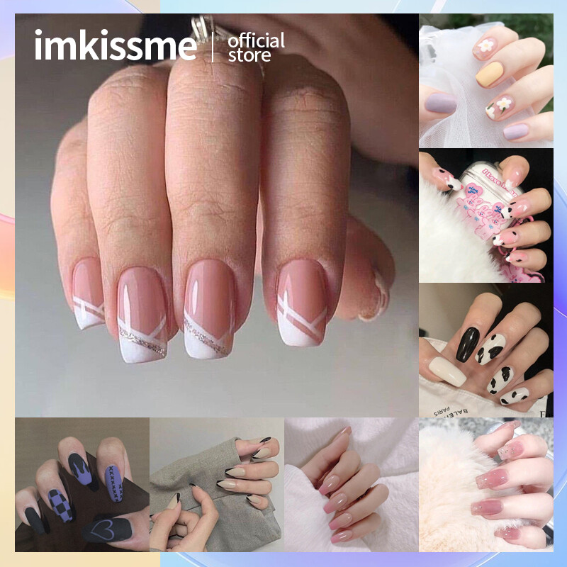 Imkissme 24 Móng tay giả dài có keo bằng acrylic nhám hình phổ thông-INTL