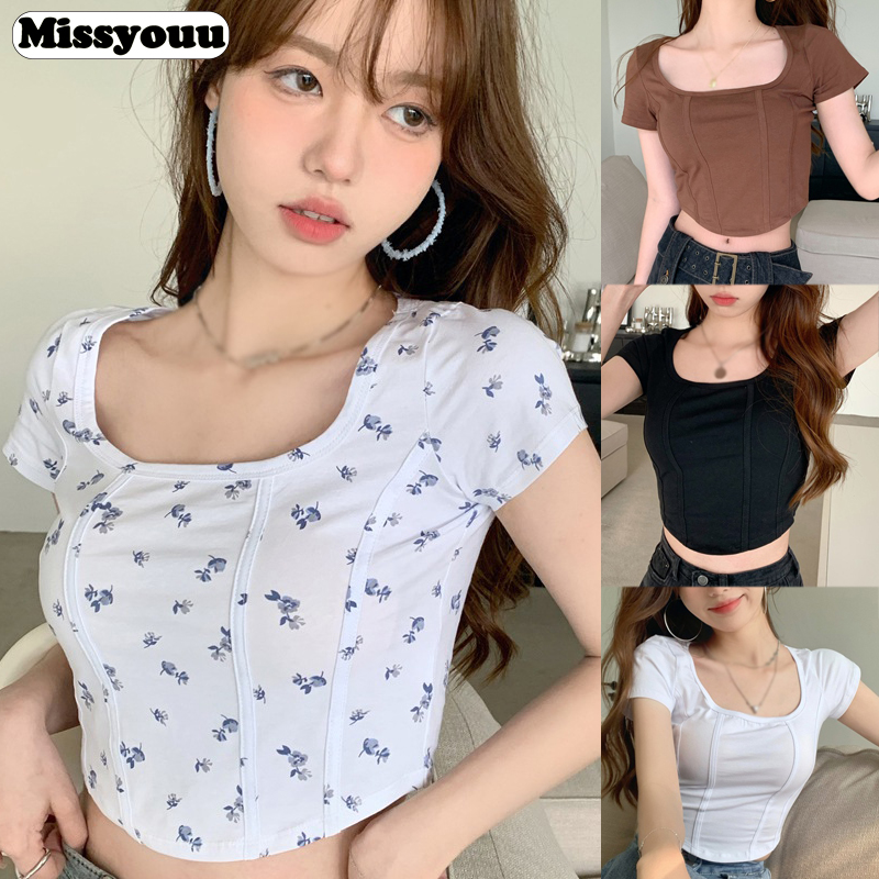 Missyouu áo thun nữ cổ vuông hở rốn mỏng gợi cảm không đều tay ngắn