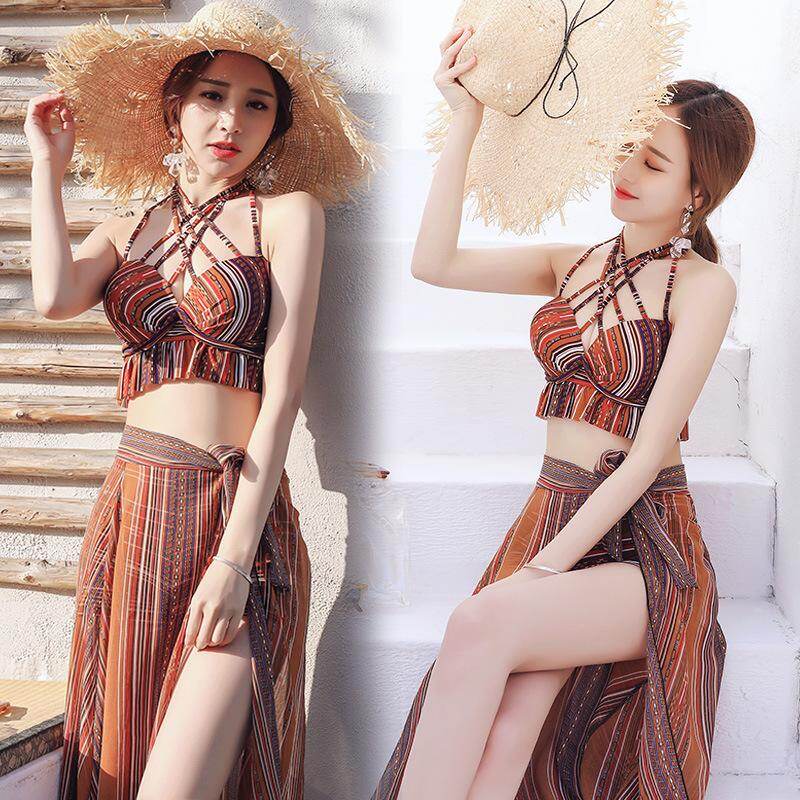 Panda Online Bộ 3 Món Đồ Tắm Nữ Đi Biển Bikini Đồ Bơi Sọc Kiểu Xẻ