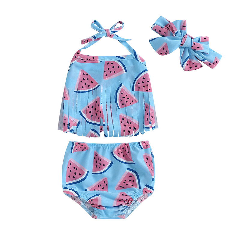 Infant Baby Girl Bikini Tassel Watermelon Print Swimsuit 3 Pieces Bathing Suit Halter Neck Tops Bikini Bottoms Headband Swimwear