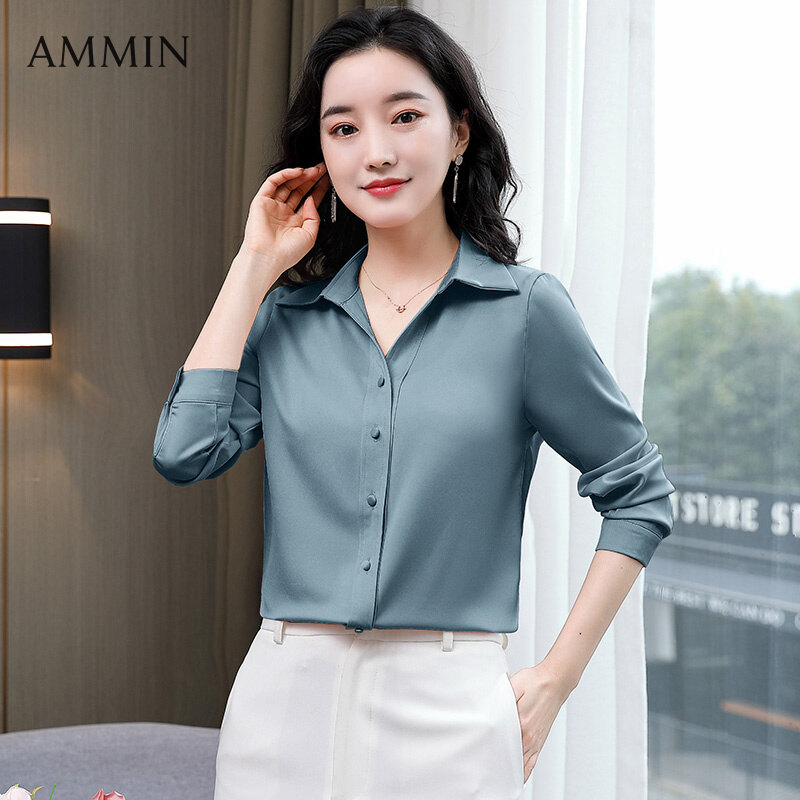 Áo Sơ Mi Lụa Màu Trơn AMMIN Dành Cho Nữ Áo Sơ Mi Vải Sa Tanh OL Chuyên Nghiệp Dài Tay Cá Tính Áo Cánh Lụa Dâu Tằm Công Sở Thường Ngày Cho Nữ