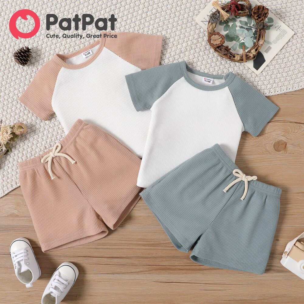 PatPat 2pcs Baby Boy Clothes Sets Raglan-sleeve Waffle Top and Shorts Set