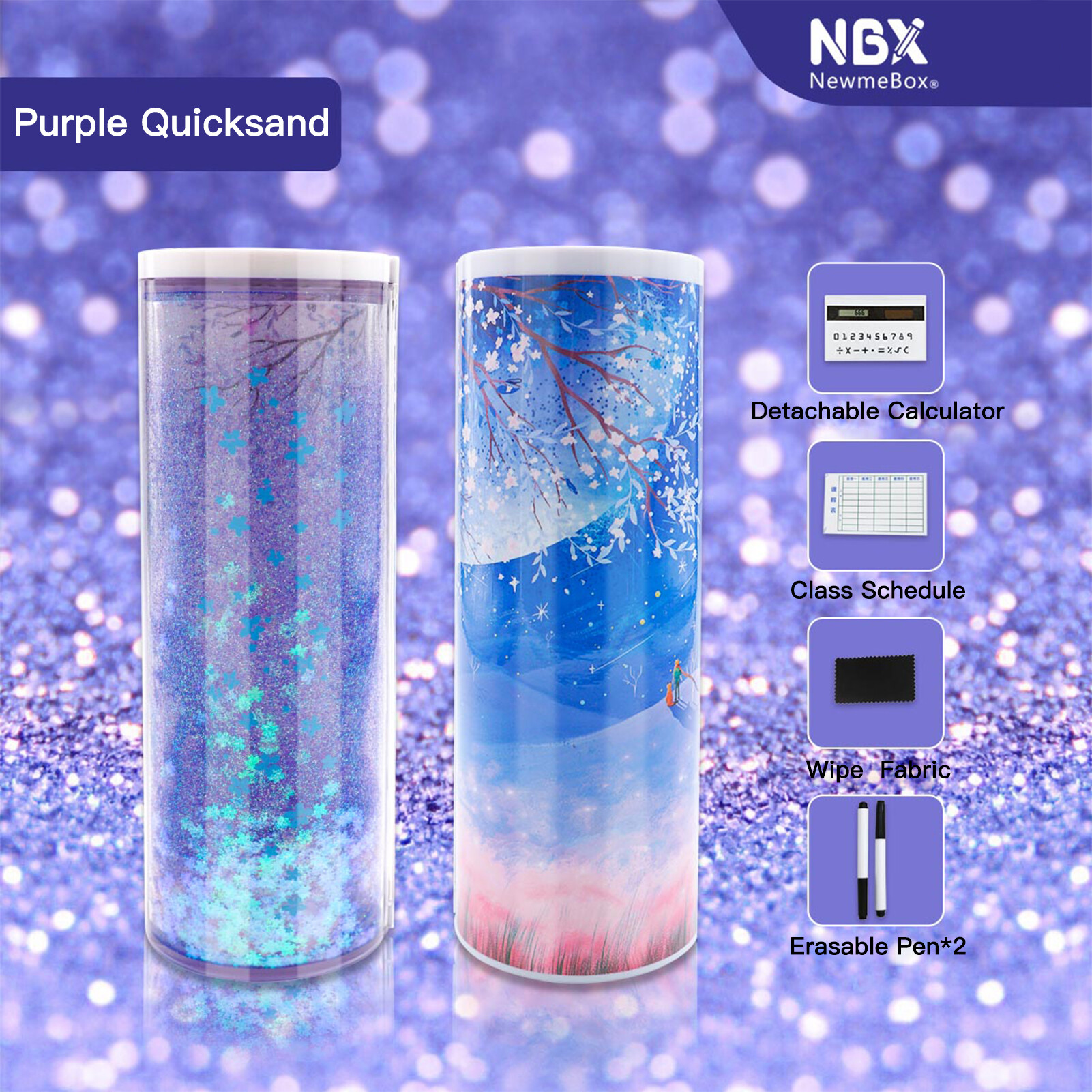 Hộp bút chì kkmoon nbx, hộp đựng bút chì cát chảy đứng đa năng túi đựng bút dễ thương hình trụ hai lớp có gương sổ tay xóa được máy tính hộp đựng văn phòng phẩm dung lượng lớn dành cho học sinh trẻ em