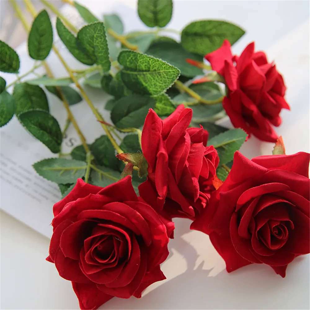 [merry]135Pcs Artificial Flowers Bouquet Red Silk Fake Rose Flower for Wedding Home Table Decoration Christmas Valentine's Day Gifts