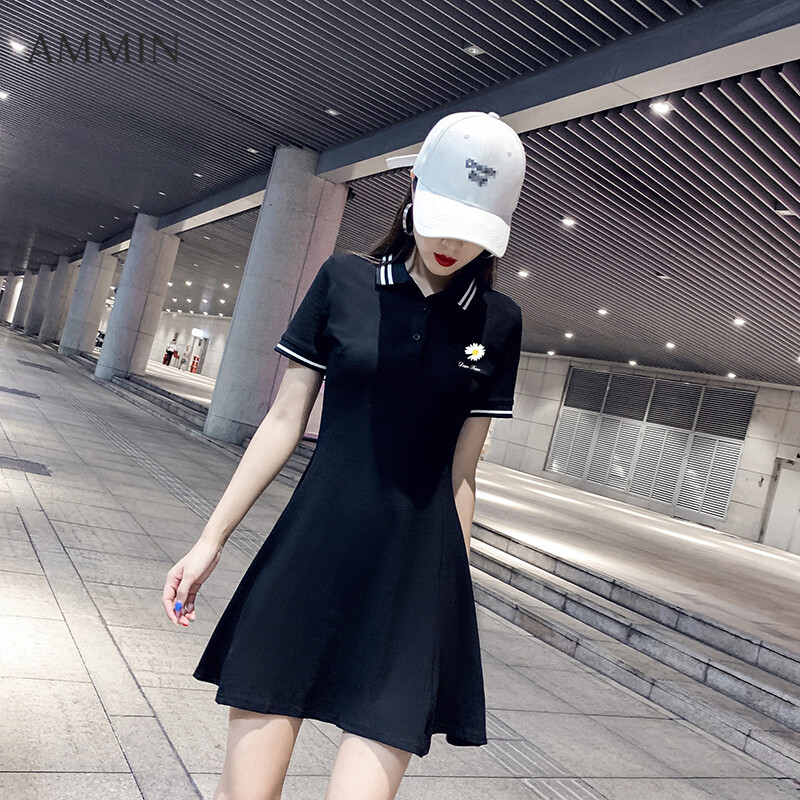 Đầm Polo Thêu Cổ Nhỏ AMMIN Cho Nữ, Dáng Ôm Eo, Váy Đen Nhỏ, Váy Áo Thun, Váy Thể Thao Chữ A Giản Dị