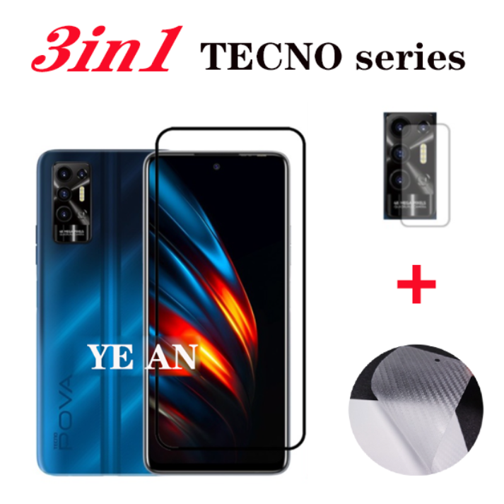 Miếng Bảo Vệ Màn Hình 3 Trong Một Cho TECNO Pova 2 Kính Cường Lực Dành Cho TECNO Pova2 Spark 5 Pro Air 4 Lite Pouvoir 4 Pro, Màng Bảo Vệ Kính Ống Kính Máy Ảnh + Miếng Dán Lưng Sợi Cacbon