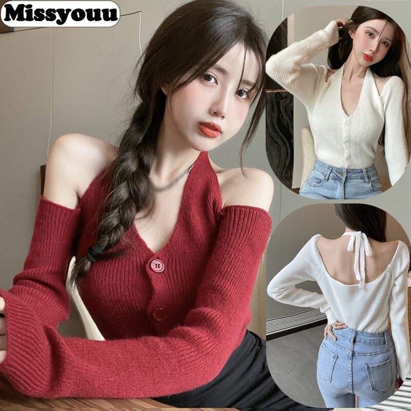 Missyouu áo len dệt kim hở vai cổ thấp dáng ôm màu trơn cho nữ