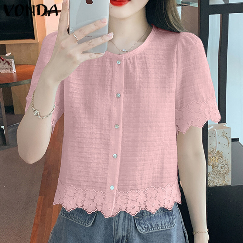 VONDA Womens Elegant Lace Patchwork Crew Neck Button Down Solid Tops Shirts (Korean Floral)