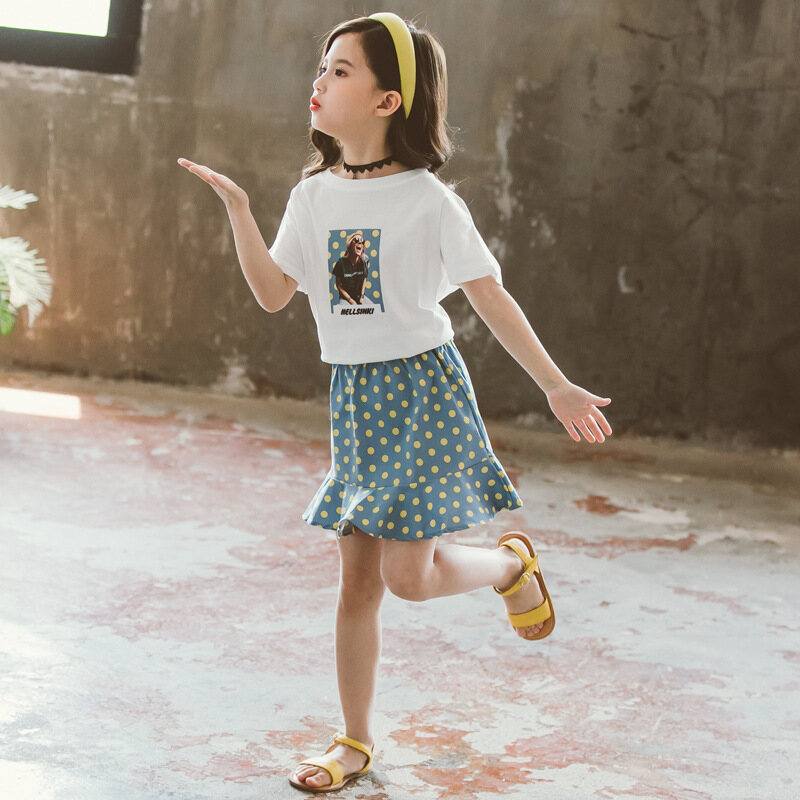 Dots Girls Short Sleeve T-Shirt Skirt Set Summer Girls Suit New Little Girl Polka Dot Skirt Two-piece Fashion Children's Clothing - 4