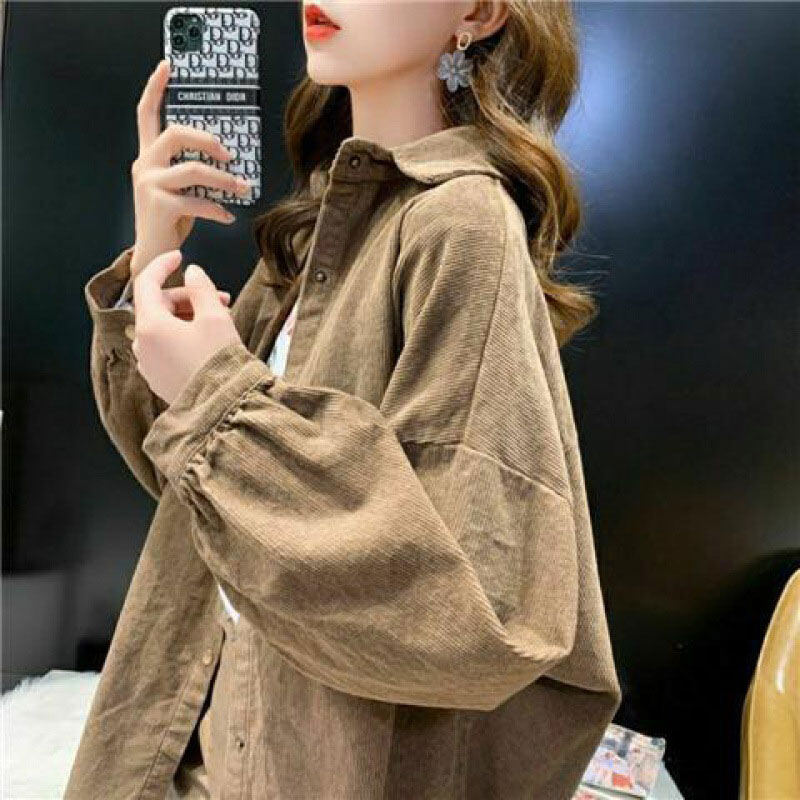 Nick áo khoác cho nữ áo sơ mi nhung kẻ dài tay áo sơ mi lười biếng dáng rộng cho nữ áo khoác nữ dễ phối