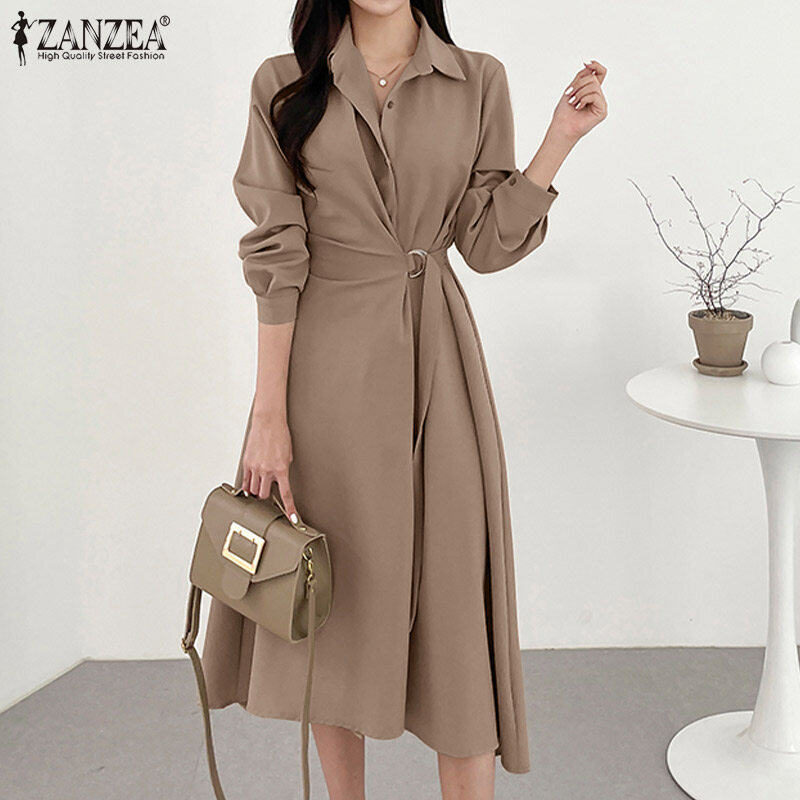 Zanzea đầm sơ mi midi dài tay cổ chữ v ve áo cài nút #11