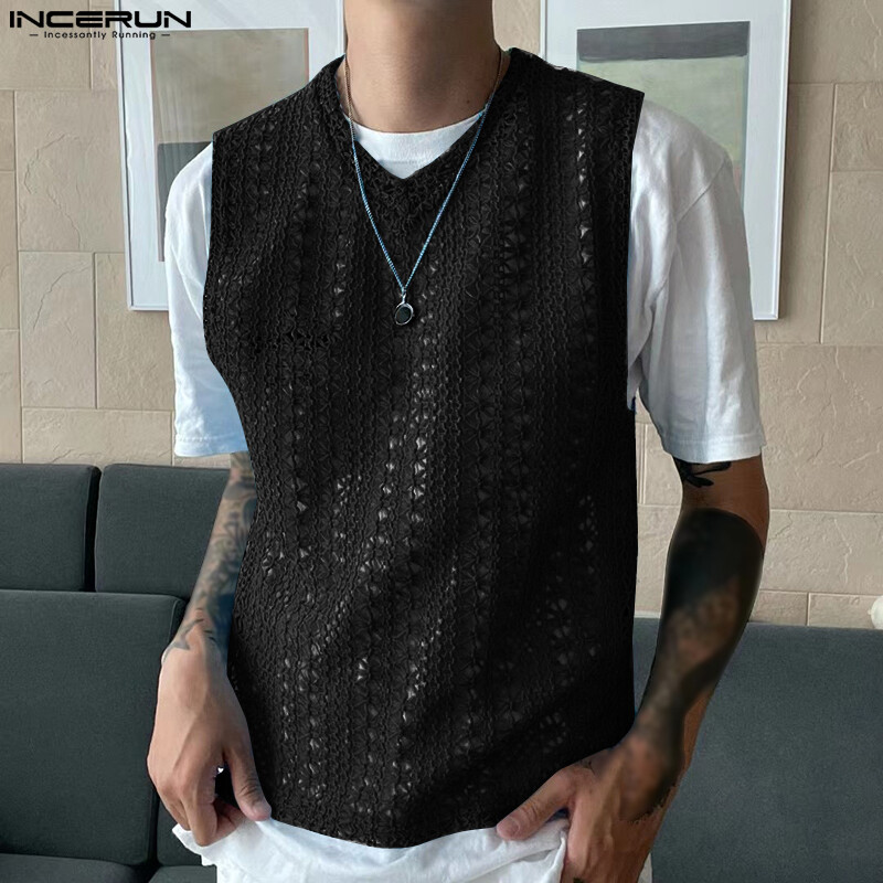 Incerun áo gi-lê khoét lỗ cổ chữ v không tay xuyên thấu cho nam áo ba lỗ thường ngày ngày lễ