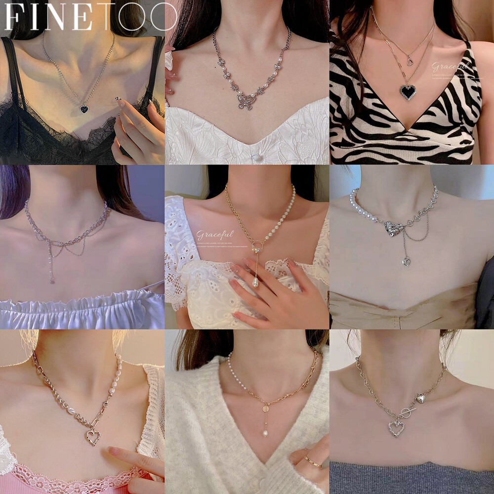 FINE TOO Vòng Cổ Mặt Dây Chuyền Ngọc Trai Đơn Giản Cho Nữ Vòng Cổ Tua Rua Hình Bướm Trái Tim Phụ Kiện Trang Sức Dây Chuyền Bạc Vàng