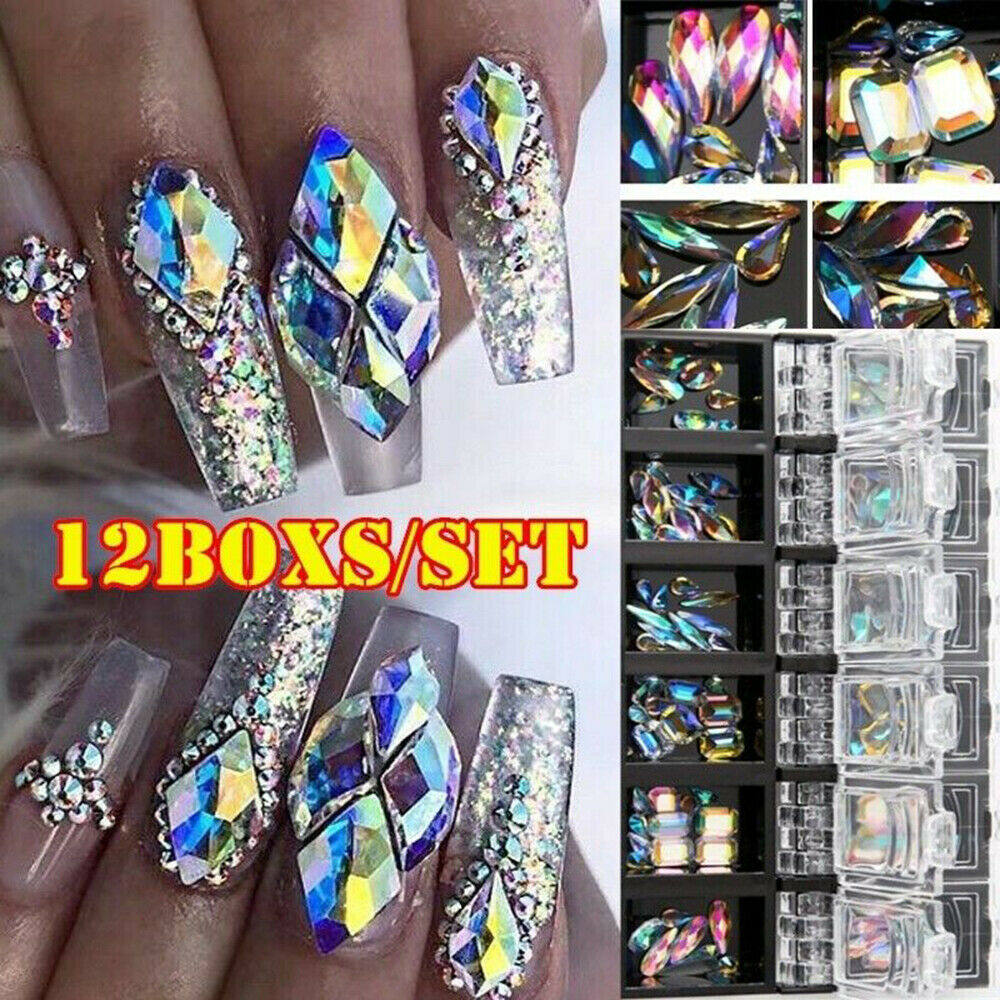 Woolove kim cương giả nghệ thuật làm móng kim cương lấp lánh 12 ô trang trí móng tay nghệ thuật, phụ kiện làm móng nghệ thuật 3d