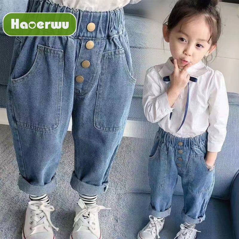 Haoerwu Quần jeans bé gái trẻ em quần rộng giản dị quần trẻ em bé gái