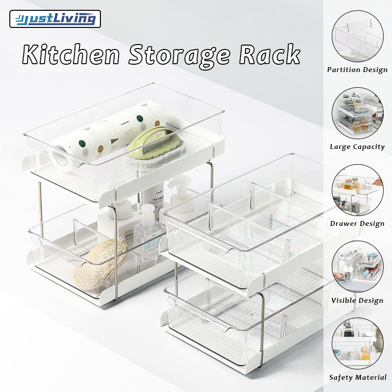 JustLiving 1PCS Kitchen Rack Drawer Under Sink Kitchen Storage | Pantry Spice Organizer | Kitchen Top Organizer Kitchen Double Shelves Multifunctional Organization Desktop Cosmetic Storage Drawer Pull-out Double Shelves ราคา 1,197 บาท*ส่งฟรี