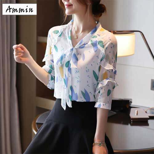 AMMIN Phong Cách Hàn Quốc Mới Áo Sơ Mi Voan Tay Ngắn Hoa Nữ Màu Thắt Nơ Dây Đeo 3/4 Tay Áo